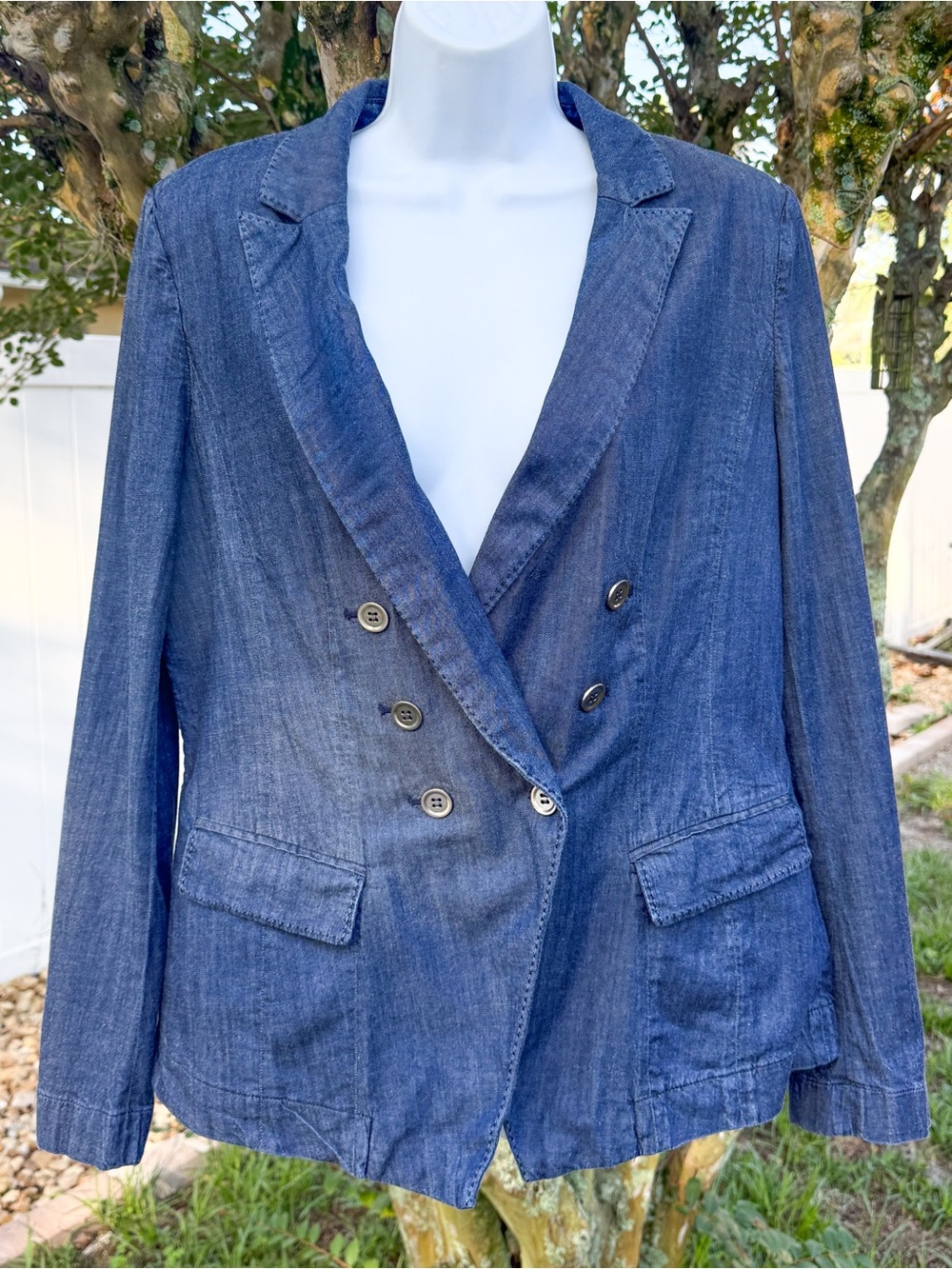 White House Black Market Denim Double Breasted Blazer Jacket Size 14
